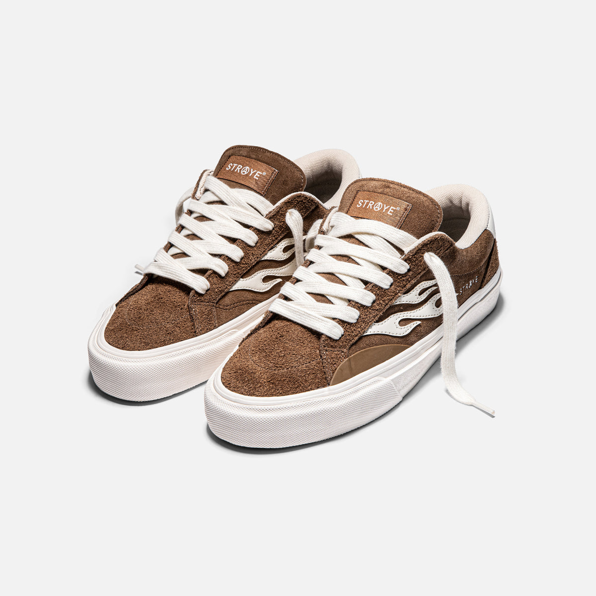 STRAYE Logan Brown Flame – front angled view skate sneaker